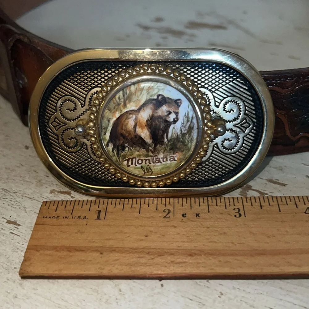 Montana hand painted Bear Belt Buckle & tooled Eagle leather belt
